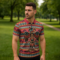 Thunderbird Totem Zipper Polo Shirt Native American Geometric Tribal - Pacific Northwest Indigenous Art - Wonder Print Shop