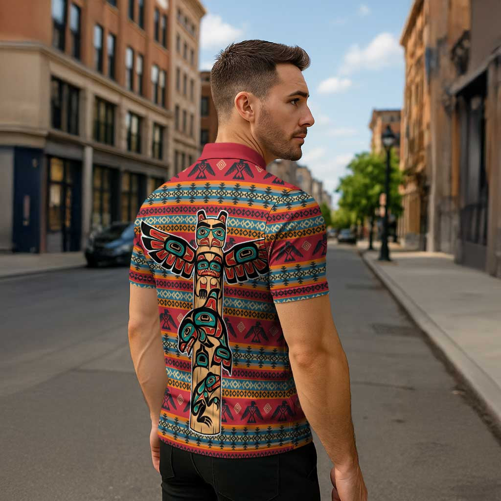 Thunderbird Totem Zipper Polo Shirt Native American Geometric Tribal - Pacific Northwest Indigenous Art - Wonder Print Shop