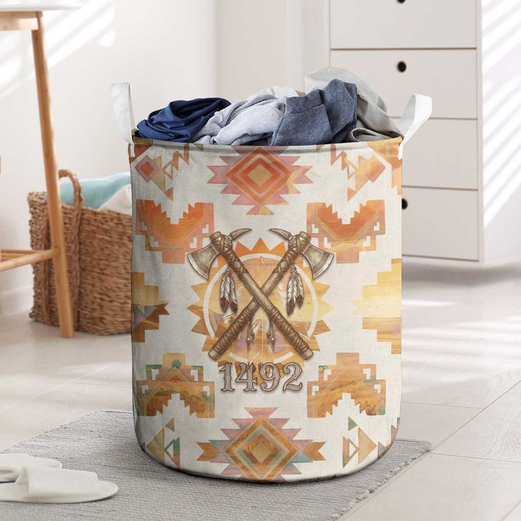 Native American Headdress and Tomahawk Laundry Basket with 1492 Symbolic Date Traditional Feather Motif Indigenous Heritage - Wonder Print Shop