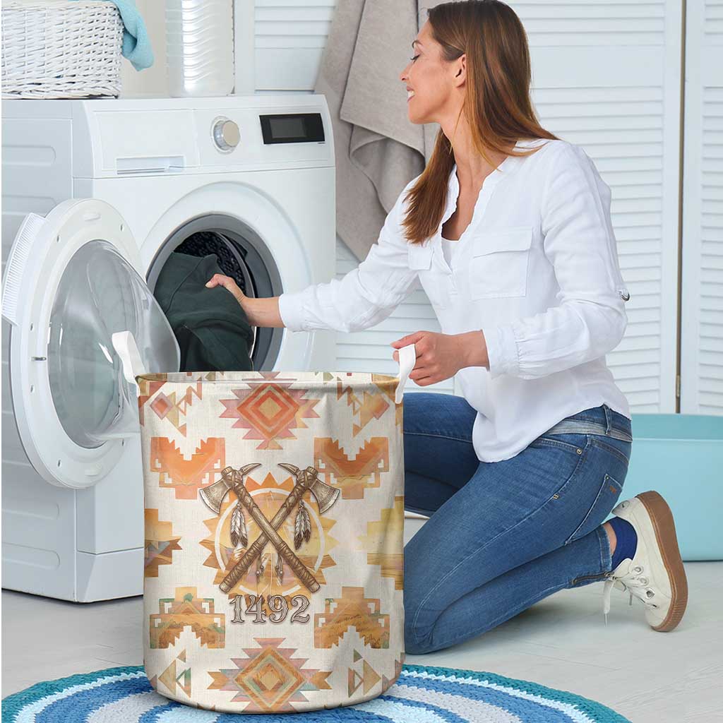 Native American Headdress and Tomahawk Laundry Basket with 1492 Symbolic Date Traditional Feather Motif Indigenous Heritage - Wonder Print Shop