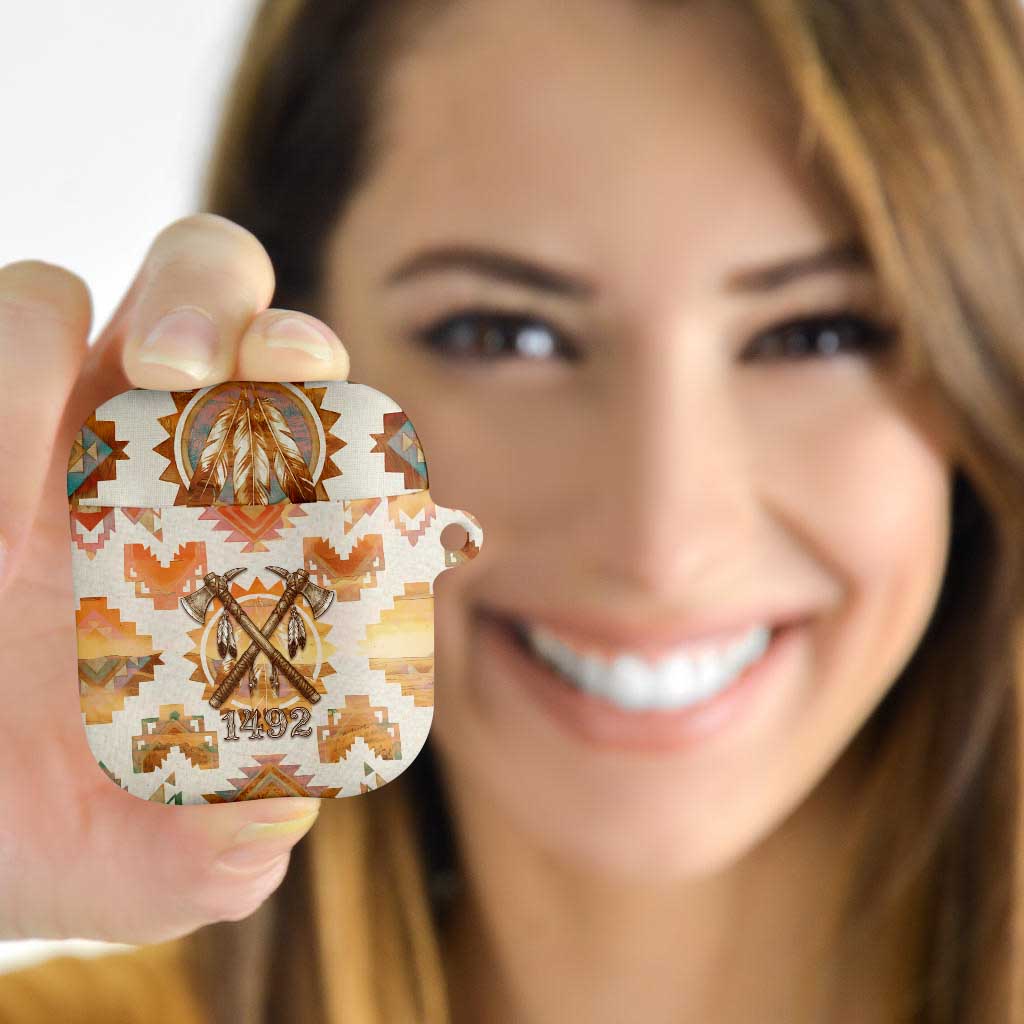 Native American Headdress and Tomahawk AirPods Case with 1492 Symbolic Date Traditional Feather Motif Indigenous Heritage - Wonder Print Shop