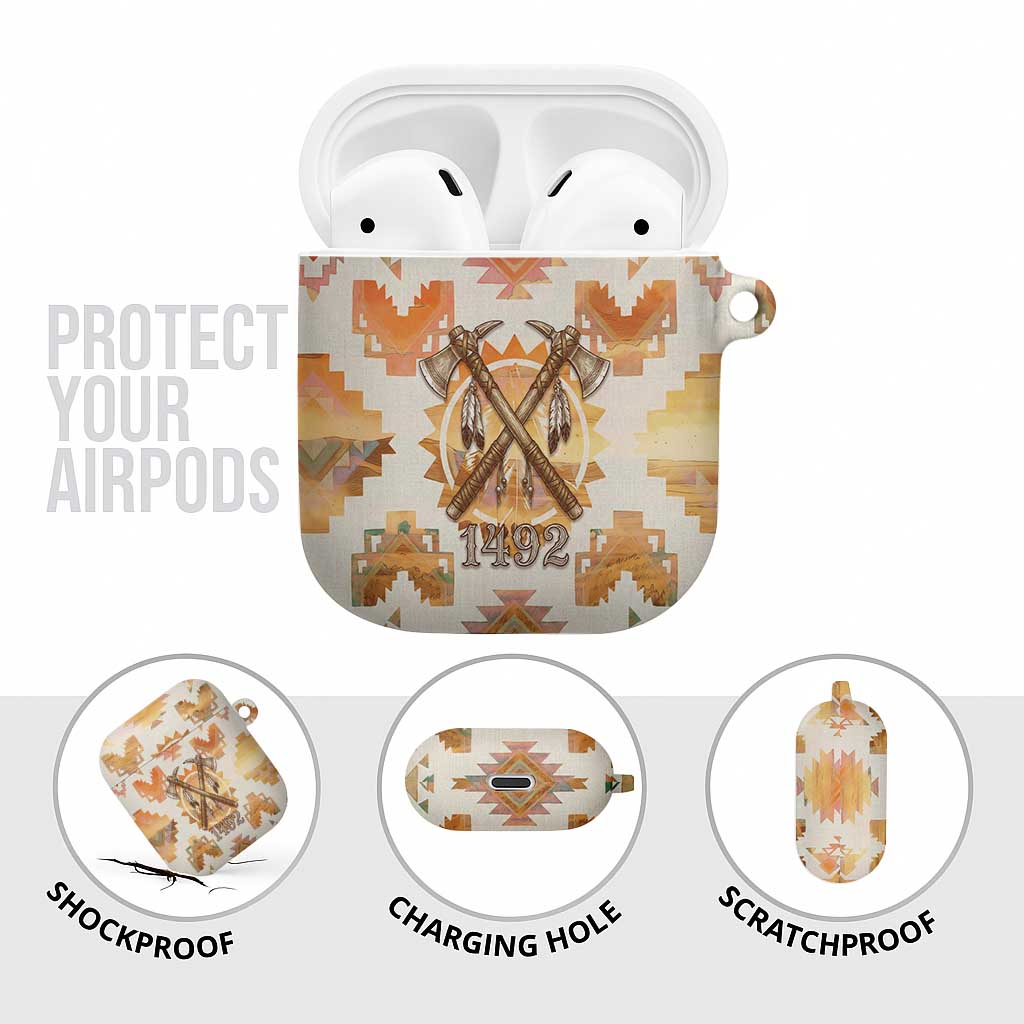 Native American Headdress and Tomahawk AirPods Case with 1492 Symbolic Date Traditional Feather Motif Indigenous Heritage - Wonder Print Shop