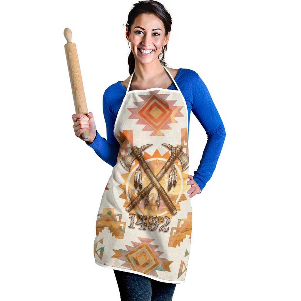 Native American Headdress and Tomahawk Apron with 1492 Symbolic Date Traditional Feather Motif Indigenous Heritage - Wonder Print Shop