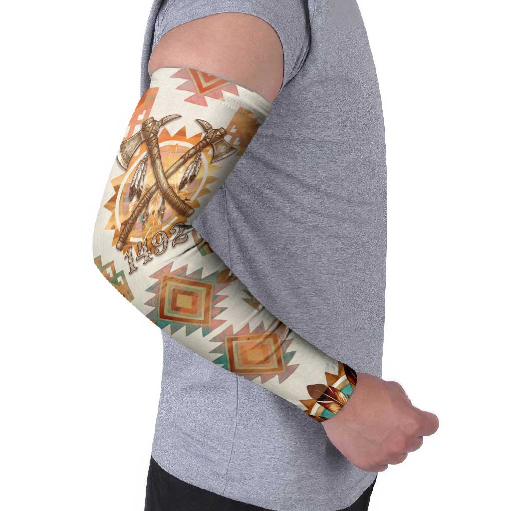 Native American Headdress and Tomahawk Arm Sleeves with 1492 Symbolic Date Traditional Feather Motif Indigenous Heritage - Wonder Print Shop