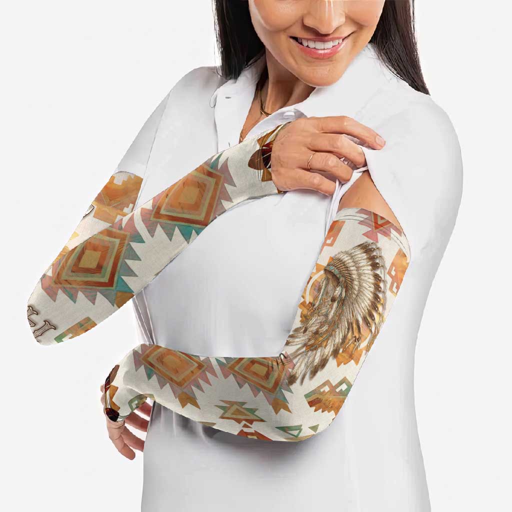 Native American Headdress and Tomahawk Arm Sleeves with 1492 Symbolic Date Traditional Feather Motif Indigenous Heritage - Wonder Print Shop