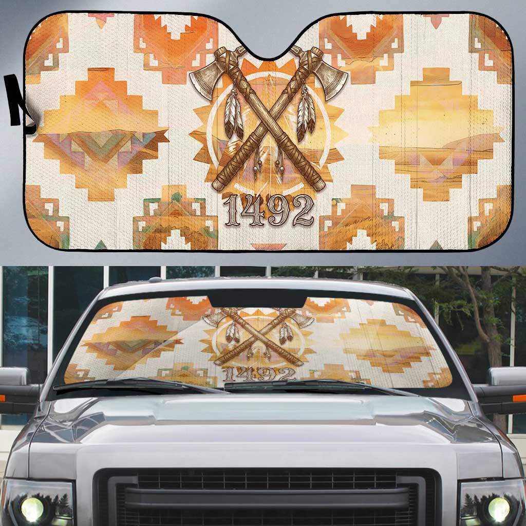 Native American Headdress and Tomahawk Auto Sun Shade with 1492 Symbolic Date Traditional Feather Motif Indigenous Heritage - Wonder Print Shop