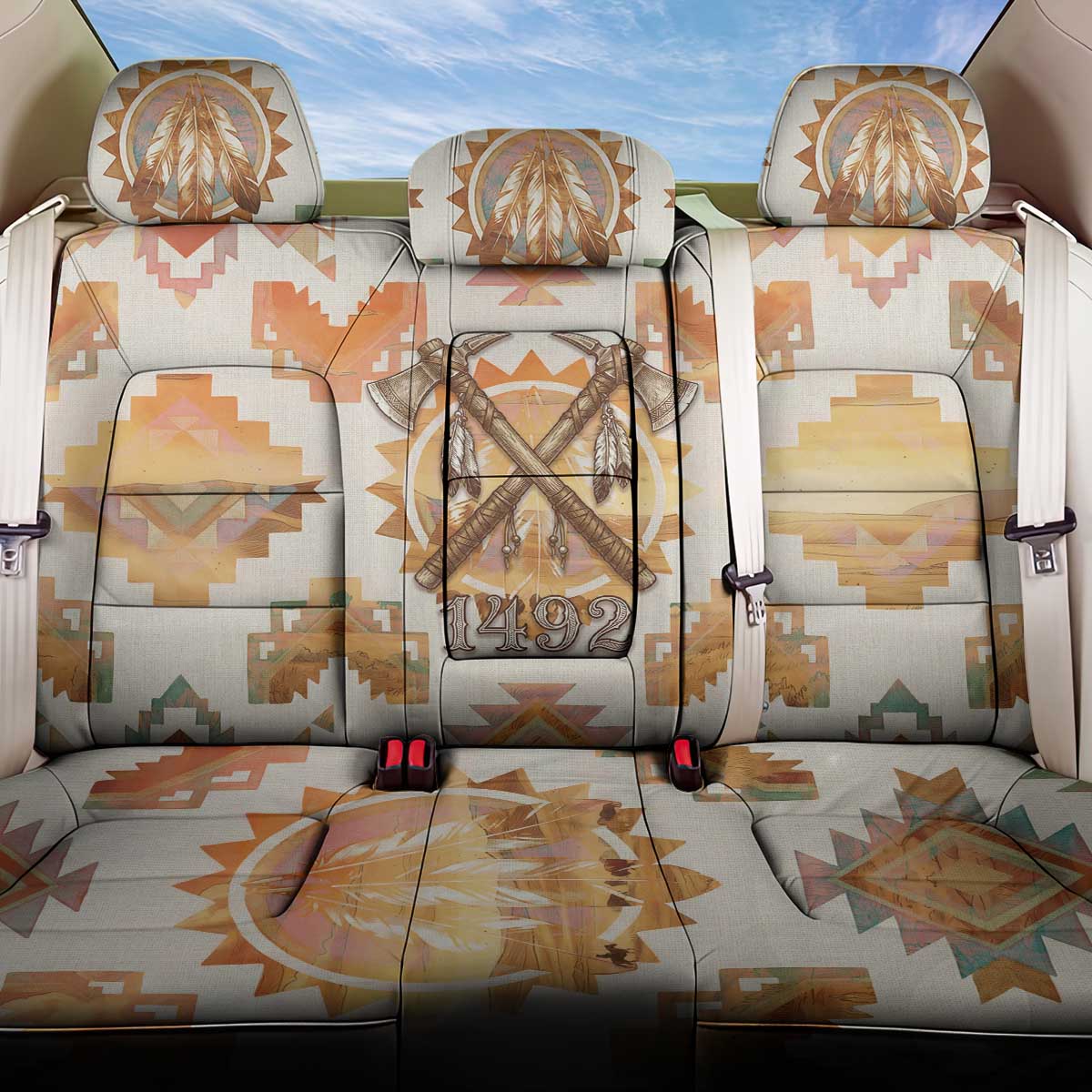 Native American Headdress and Tomahawk Back Car Seat Cover with 1492 Symbolic Date Traditional Feather Motif Indigenous Heritage - Wonder Print Shop