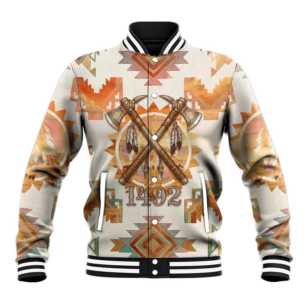 Native American Headdress and Tomahawk Baseball Jacket with 1492 Symbolic Date Traditional Feather Motif Indigenous Heritage - Wonder Print Shop