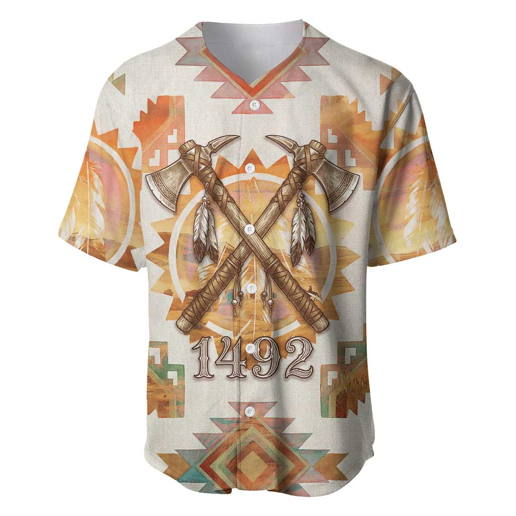 Native American Headdress and Tomahawk Baseball Jersey with 1492 Symbolic Date Traditional Feather Motif Indigenous Heritage - Wonder Print Shop