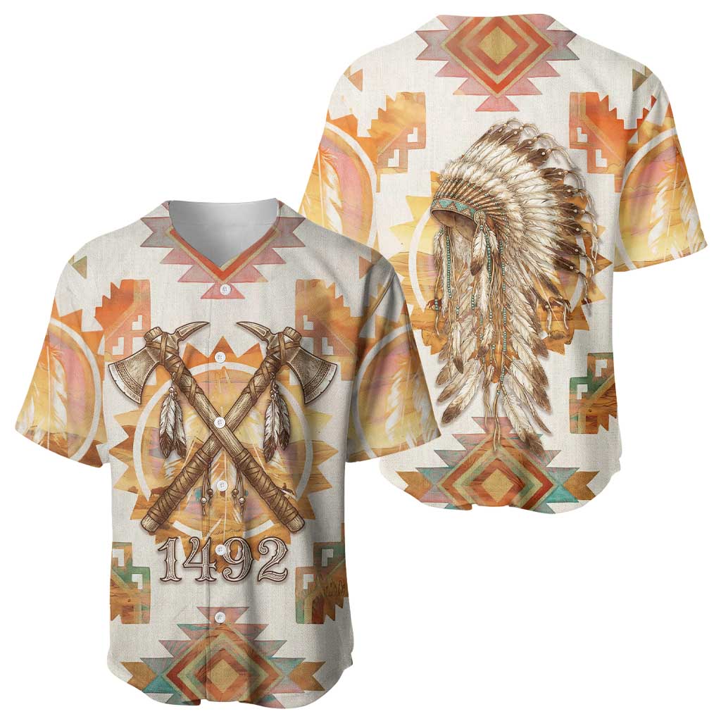 Native American Headdress and Tomahawk Baseball Jersey with 1492 Symbolic Date Traditional Feather Motif Indigenous Heritage - Wonder Print Shop