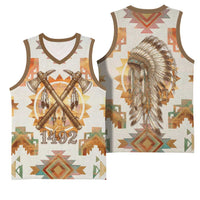 Native American Headdress and Tomahawk Basketball Jersey with 1492 Symbolic Date Traditional Feather Motif Indigenous Heritage - Wonder Print Shop