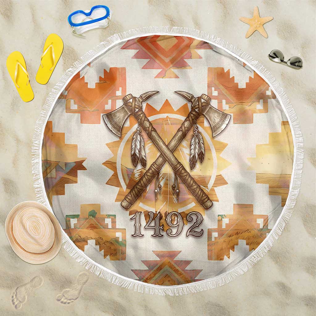 Native American Headdress and Tomahawk Beach Blanket with 1492 Symbolic Date Traditional Feather Motif Indigenous Heritage - Wonder Print Shop