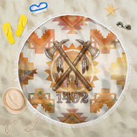 Native American Headdress and Tomahawk Beach Blanket with 1492 Symbolic Date Traditional Feather Motif Indigenous Heritage - Wonder Print Shop