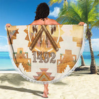 Native American Headdress and Tomahawk Beach Blanket with 1492 Symbolic Date Traditional Feather Motif Indigenous Heritage - Wonder Print Shop
