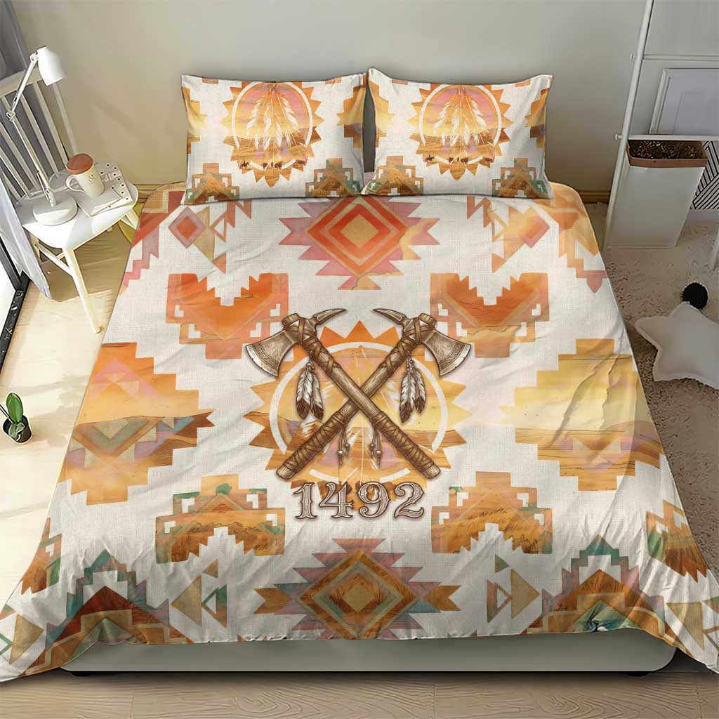 Native American Headdress and Tomahawk Bedding Set with 1492 Symbolic Date Traditional Feather Motif Indigenous Heritage - Wonder Print Shop