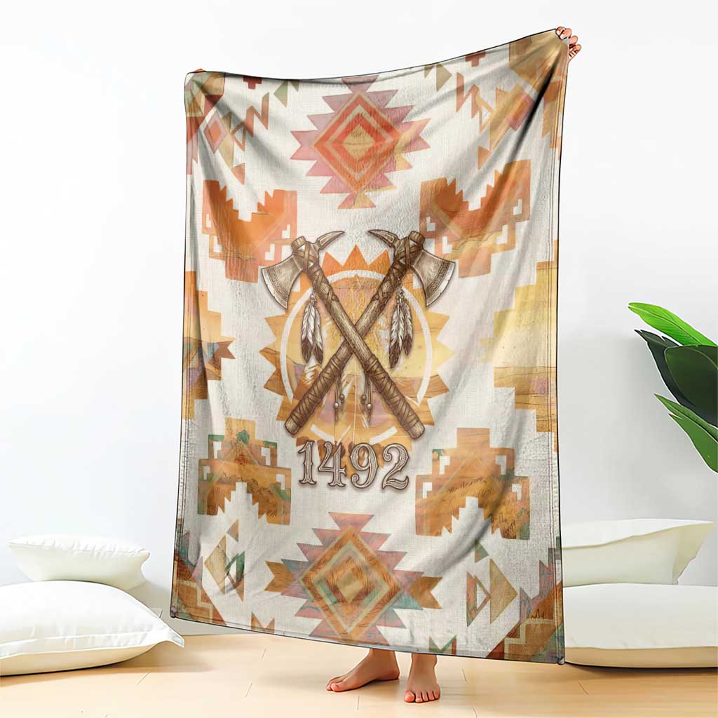 Native American Headdress and Tomahawk Blanket with 1492 Symbolic Date Traditional Feather Motif Indigenous Heritage - Wonder Print Shop