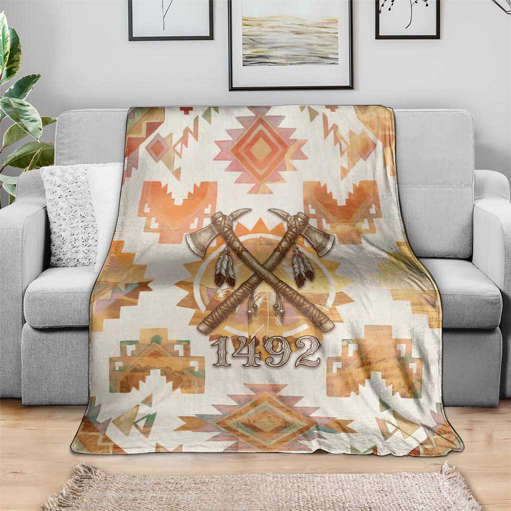 Native American Headdress and Tomahawk Blanket with 1492 Symbolic Date Traditional Feather Motif Indigenous Heritage - Wonder Print Shop