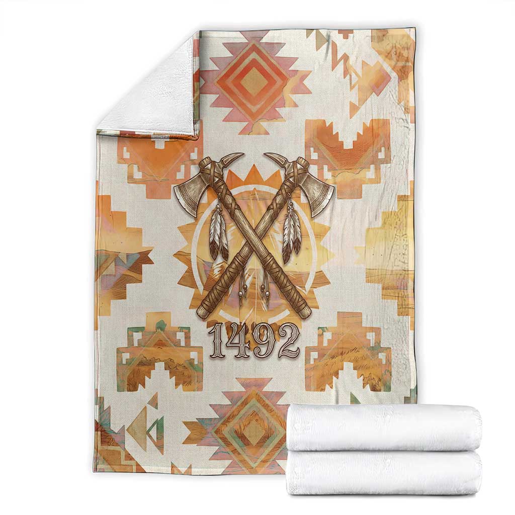 Native American Headdress and Tomahawk Blanket with 1492 Symbolic Date Traditional Feather Motif Indigenous Heritage - Wonder Print Shop