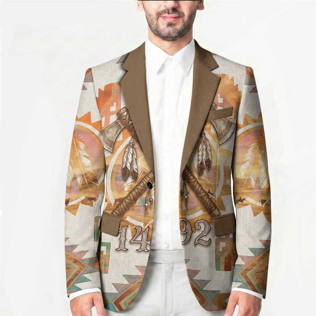 Native American Headdress and Tomahawk Blazer with 1492 Symbolic Date Traditional Feather Motif Indigenous Heritage - Wonder Print Shop