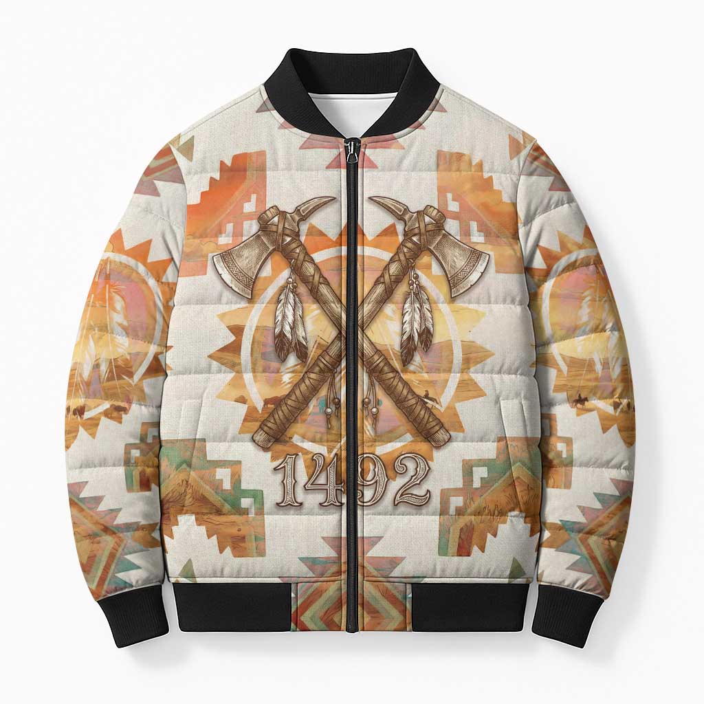 Native American Headdress and Tomahawk Bomber Puffer Jacket with 1492 Symbolic Date Traditional Feather Motif Indigenous Heritage - Wonder Print Shop