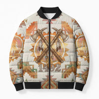 Native American Headdress and Tomahawk Bomber Puffer Jacket with 1492 Symbolic Date Traditional Feather Motif Indigenous Heritage - Wonder Print Shop
