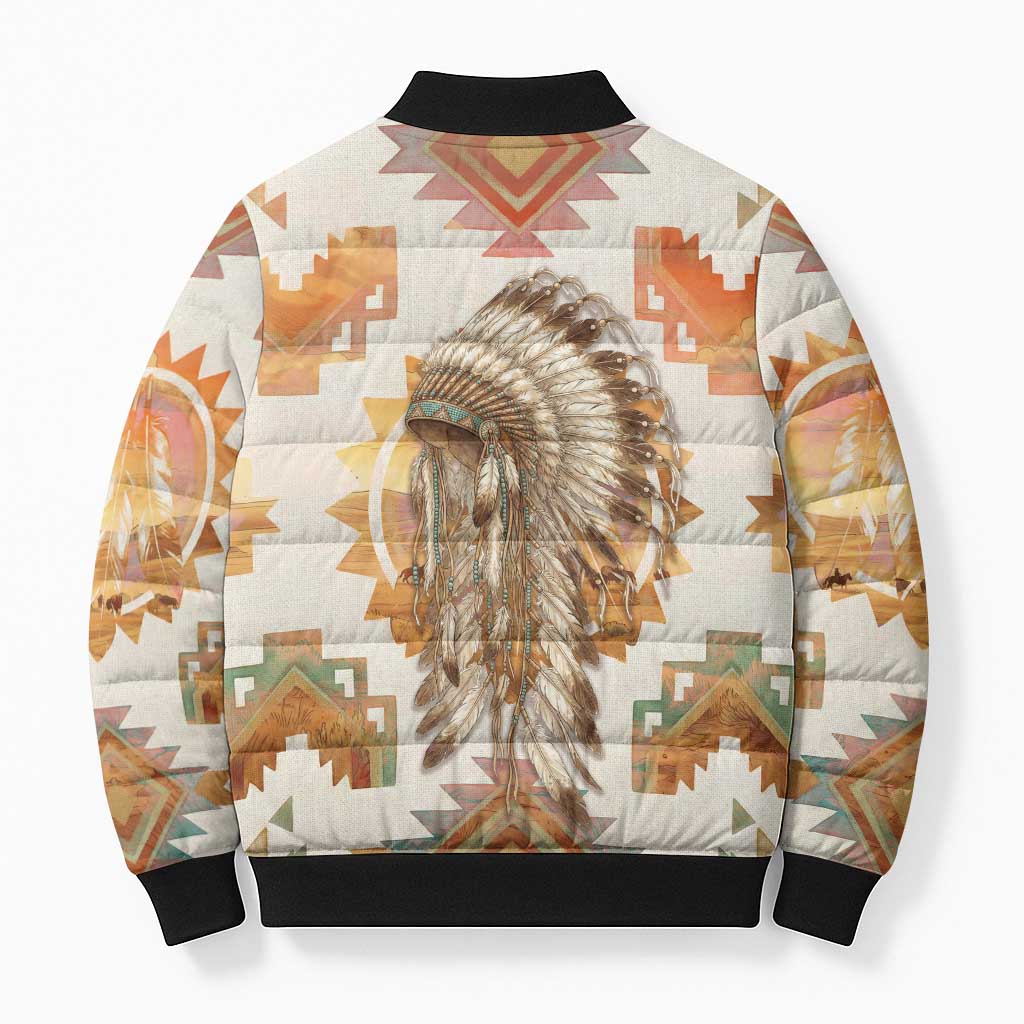 Native American Headdress and Tomahawk Bomber Puffer Jacket with 1492 Symbolic Date Traditional Feather Motif Indigenous Heritage - Wonder Print Shop