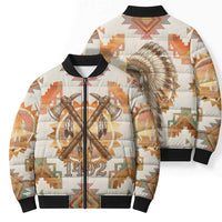 Native American Headdress and Tomahawk Bomber Puffer Jacket with 1492 Symbolic Date Traditional Feather Motif Indigenous Heritage - Wonder Print Shop