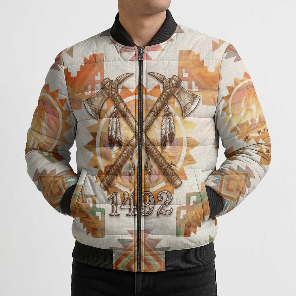 Native American Headdress and Tomahawk Bomber Puffer Jacket with 1492 Symbolic Date Traditional Feather Motif Indigenous Heritage - Wonder Print Shop