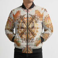 Native American Headdress and Tomahawk Bomber Puffer Jacket with 1492 Symbolic Date Traditional Feather Motif Indigenous Heritage - Wonder Print Shop