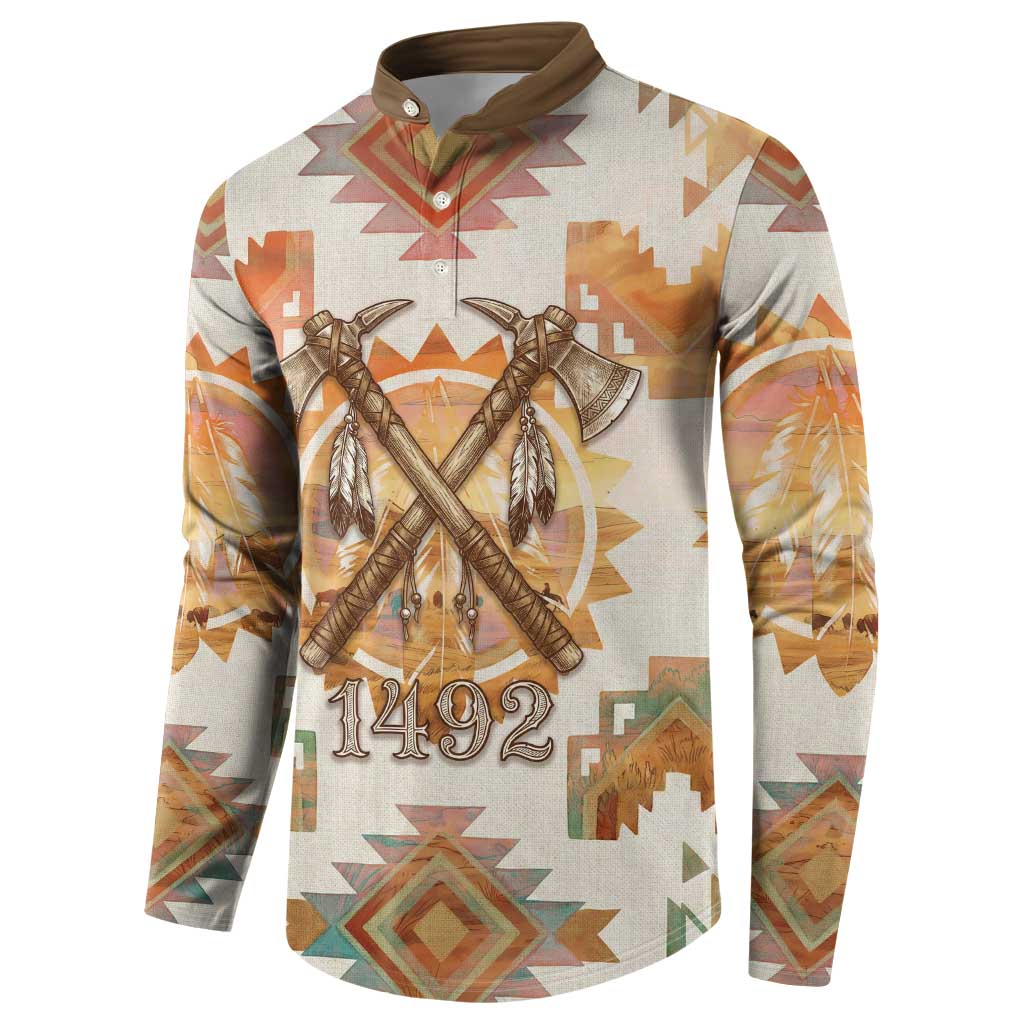 Native American Headdress and Tomahawk Button Sweatshirt with 1492 Symbolic Date Traditional Feather Motif Indigenous Heritage - Wonder Print Shop
