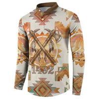 Native American Headdress and Tomahawk Button Sweatshirt with 1492 Symbolic Date Traditional Feather Motif Indigenous Heritage - Wonder Print Shop