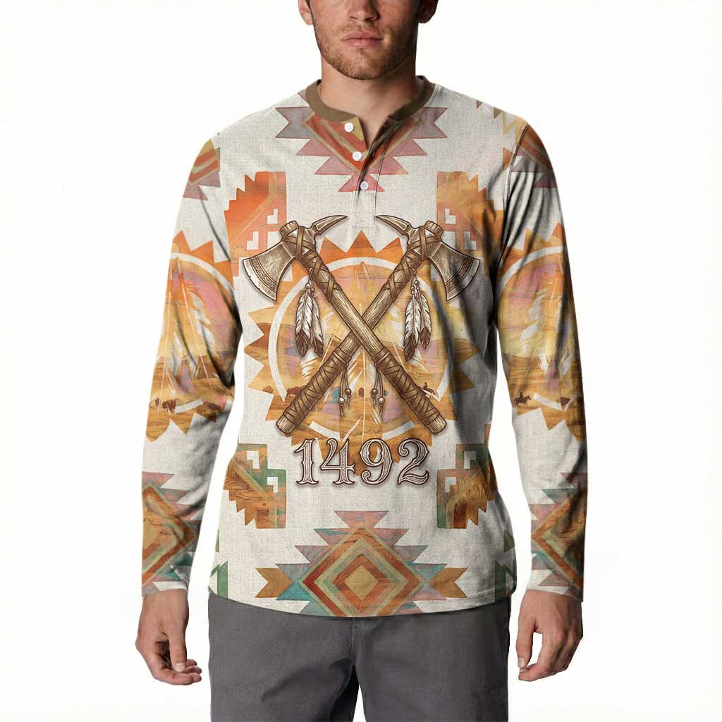Native American Headdress and Tomahawk Button Sweatshirt with 1492 Symbolic Date Traditional Feather Motif Indigenous Heritage - Wonder Print Shop