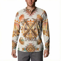 Native American Headdress and Tomahawk Button Sweatshirt with 1492 Symbolic Date Traditional Feather Motif Indigenous Heritage - Wonder Print Shop