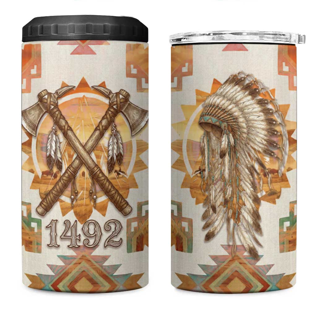 Native American Headdress and Tomahawk 4 in 1 Can Cooler Tumbler with 1492 Symbolic Date Traditional Feather Motif Indigenous Heritage - Wonder Print Shop