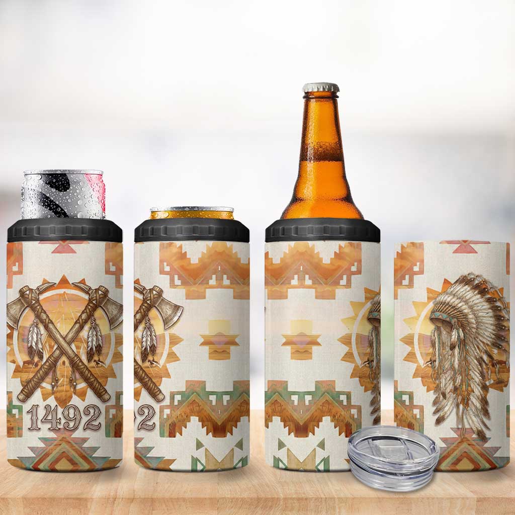 Native American Headdress and Tomahawk 4 in 1 Can Cooler Tumbler with 1492 Symbolic Date Traditional Feather Motif Indigenous Heritage - Wonder Print Shop