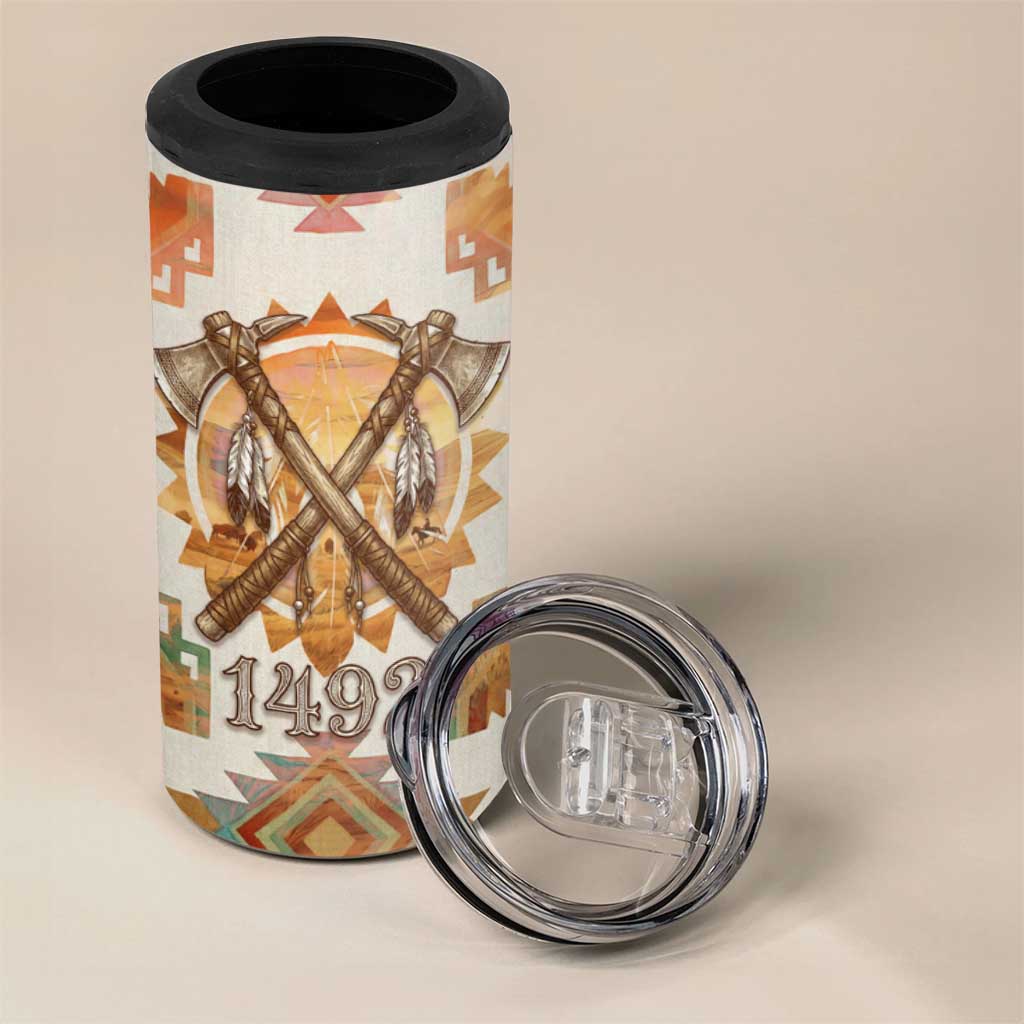 Native American Headdress and Tomahawk 4 in 1 Can Cooler Tumbler with 1492 Symbolic Date Traditional Feather Motif Indigenous Heritage - Wonder Print Shop