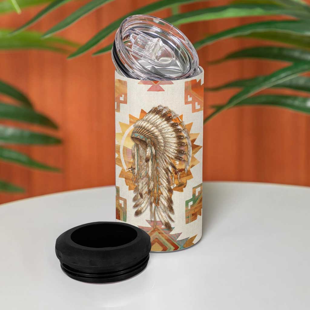 Native American Headdress and Tomahawk 4 in 1 Can Cooler Tumbler with 1492 Symbolic Date Traditional Feather Motif Indigenous Heritage - Wonder Print Shop
