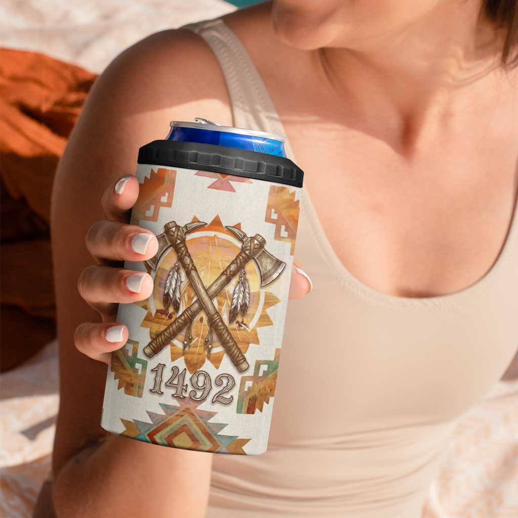 Native American Headdress and Tomahawk 4 in 1 Can Cooler Tumbler with 1492 Symbolic Date Traditional Feather Motif Indigenous Heritage - Wonder Print Shop