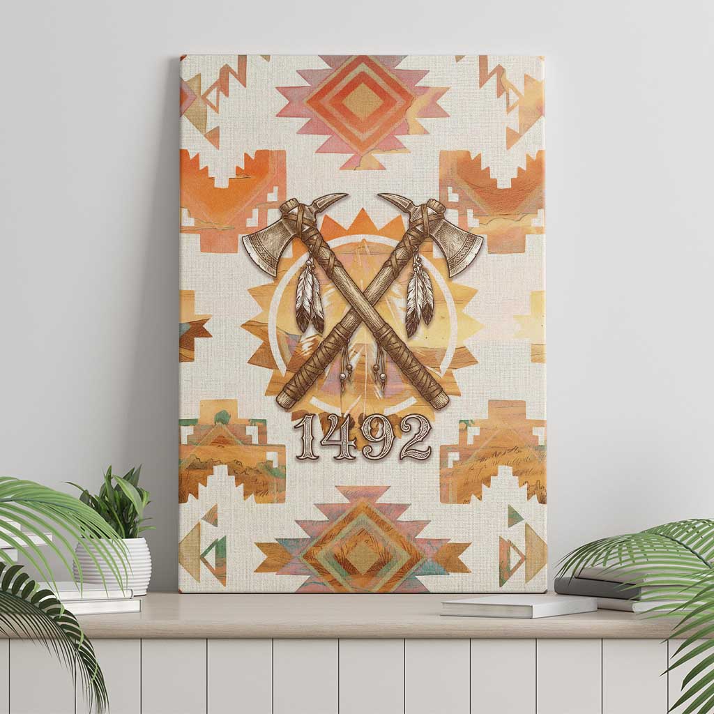 Native American Headdress and Tomahawk Canvas Wall Art with 1492 Symbolic Date Traditional Feather Motif Indigenous Heritage - Wonder Print Shop