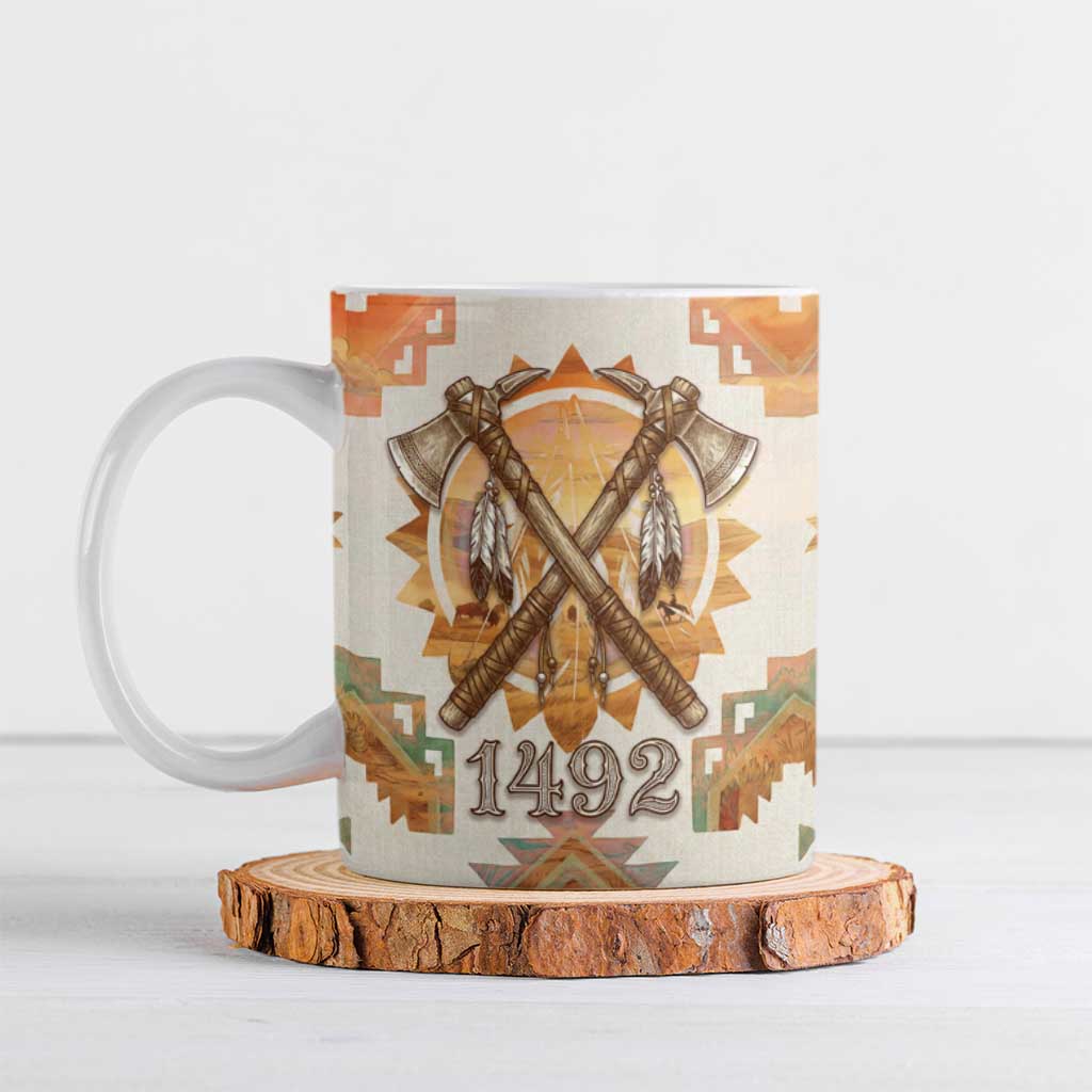 Native American Headdress and Tomahawk Ceramic Mug with 1492 Symbolic Date Traditional Feather Motif Indigenous Heritage - Wonder Print Shop