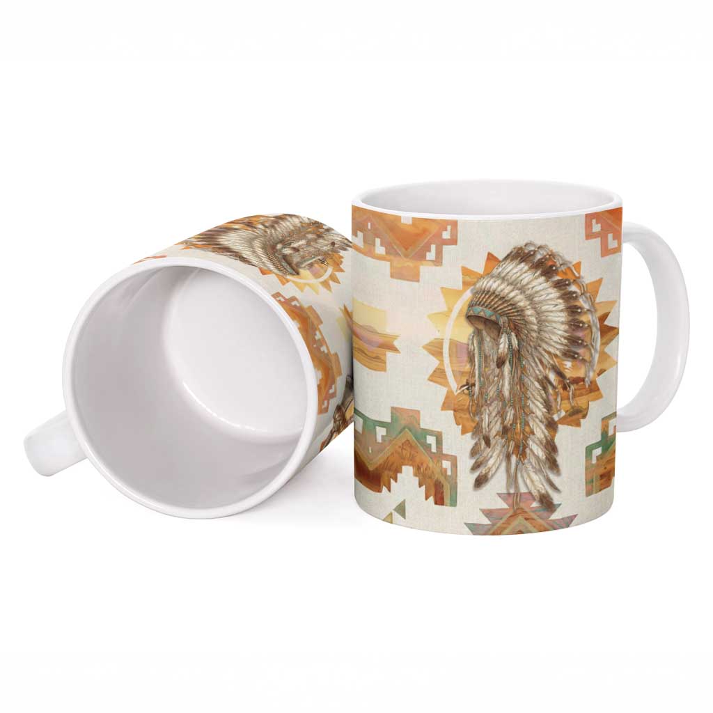 Native American Headdress and Tomahawk Ceramic Mug with 1492 Symbolic Date Traditional Feather Motif Indigenous Heritage - Wonder Print Shop