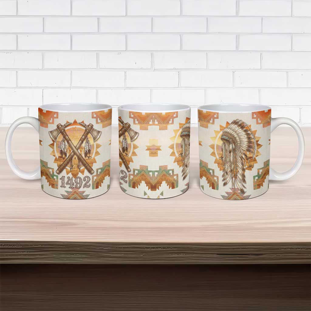 Native American Headdress and Tomahawk Ceramic Mug with 1492 Symbolic Date Traditional Feather Motif Indigenous Heritage - Wonder Print Shop