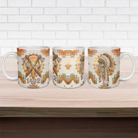 Native American Headdress and Tomahawk Ceramic Mug with 1492 Symbolic Date Traditional Feather Motif Indigenous Heritage - Wonder Print Shop