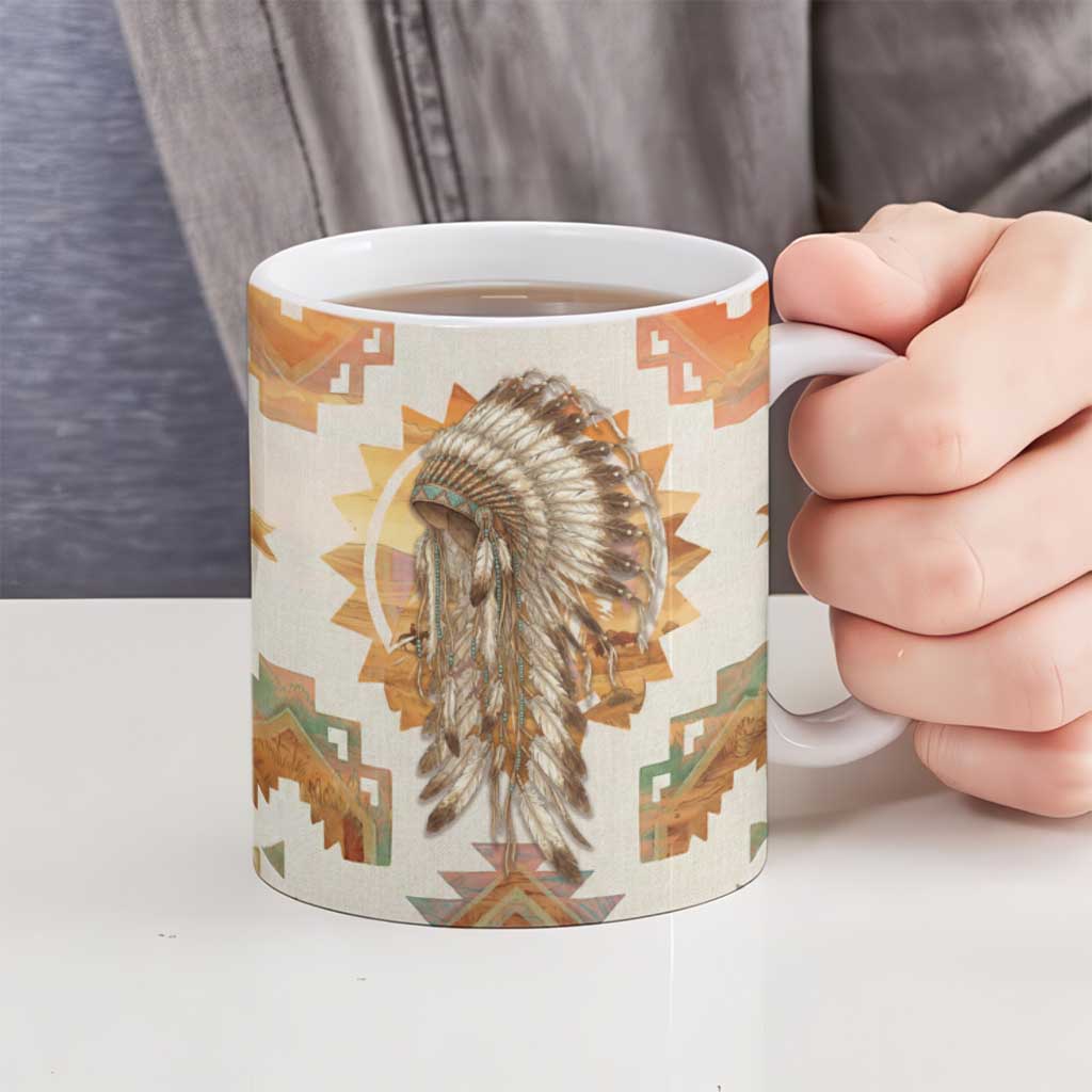 Native American Headdress and Tomahawk Ceramic Mug with 1492 Symbolic Date Traditional Feather Motif Indigenous Heritage - Wonder Print Shop