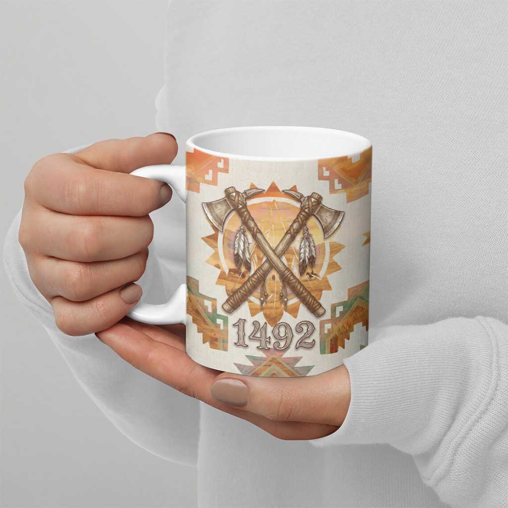 Native American Headdress and Tomahawk Ceramic Mug with 1492 Symbolic Date Traditional Feather Motif Indigenous Heritage - Wonder Print Shop