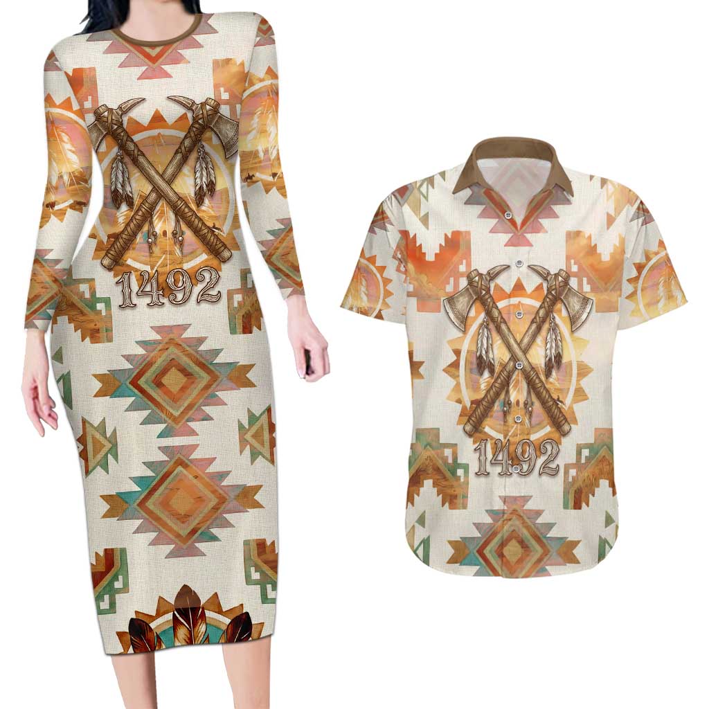 Native American Headdress and Tomahawk Couples Matching Long Sleeve Bodycon Dress and Hawaiian Shirt with 1492 Symbolic Date Traditional Feather Motif Indigenous Heritage - Wonder Print Shop