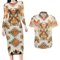 Native American Headdress and Tomahawk Couples Matching Long Sleeve Bodycon Dress and Hawaiian Shirt with 1492 Symbolic Date Traditional Feather Motif Indigenous Heritage - Wonder Print Shop