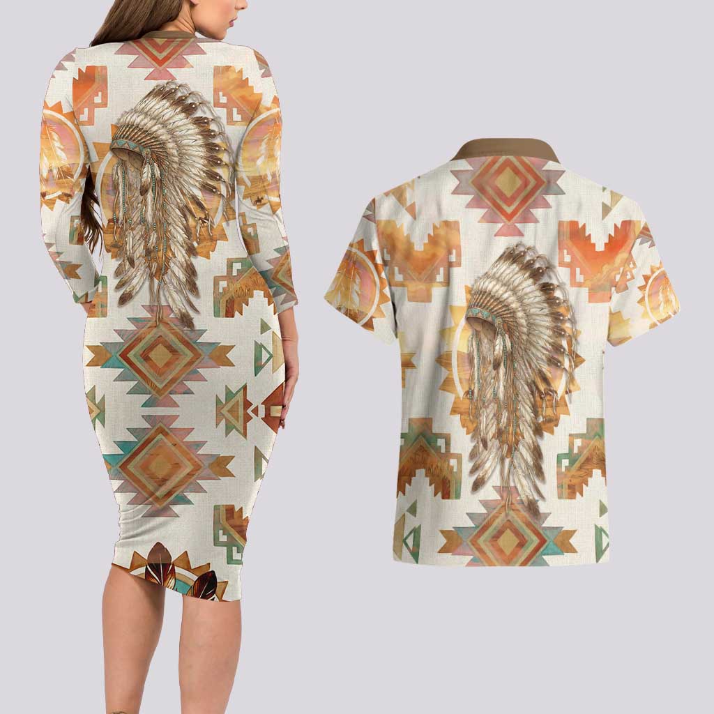 Native American Headdress and Tomahawk Couples Matching Long Sleeve Bodycon Dress and Hawaiian Shirt with 1492 Symbolic Date Traditional Feather Motif Indigenous Heritage - Wonder Print Shop