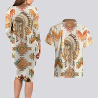 Native American Headdress and Tomahawk Couples Matching Long Sleeve Bodycon Dress and Hawaiian Shirt with 1492 Symbolic Date Traditional Feather Motif Indigenous Heritage - Wonder Print Shop