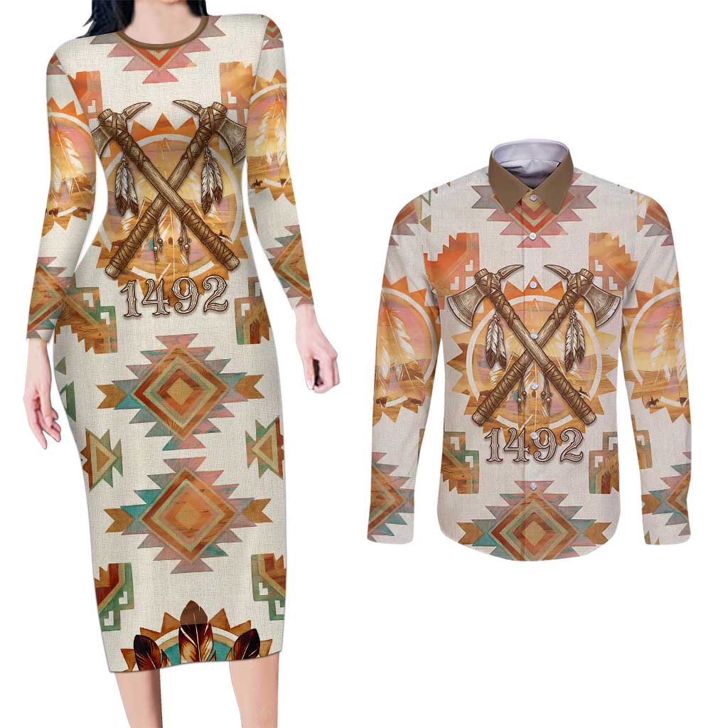 Native American Headdress and Tomahawk Couples Matching Long Sleeve Bodycon Dress and Long Sleeve Button Shirt with 1492 Symbolic Date Traditional Feather Motif Indigenous Heritage - Wonder Print Shop